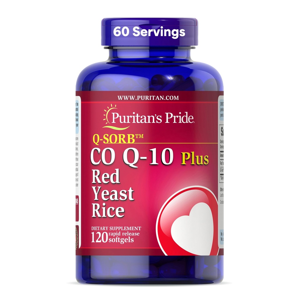 Puritan's Pride Q-SorbTM Coenzyme CoQ10 Συμπλήρωμα διατροφής για την υγεία της καρδιάς, την υγεία των στοματικών ούλων και την υγιή γήρανση Υποστήριξη, Plus Red Yeast Rice for βελτιωμένη πέψη, 120 Rapid Release Softgels