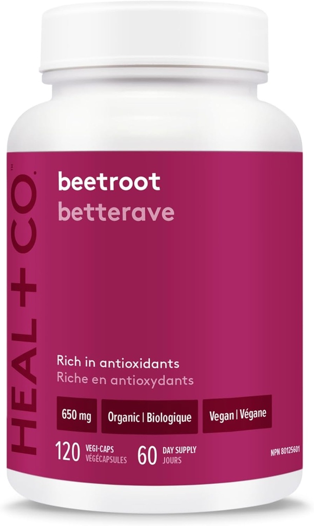 HEAL + CO. Beetroot 650mg - High Power, Ultra-Pure, Organic, Superfood - Vegan, GMO-Free, Gluten-Free, Allergen-Free - Box of 120 Vegetable Capsules