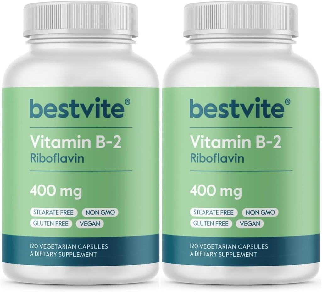 BESTVITE Βιταμίνη B-2 (Riιβοφλαβίνη) 400mg (240 κάψουλες χορτοφαγικής) (120 x 2) - Δεν Stearates - Vegan - Μη ΓΤΟ - Χωρίς γλουτένη