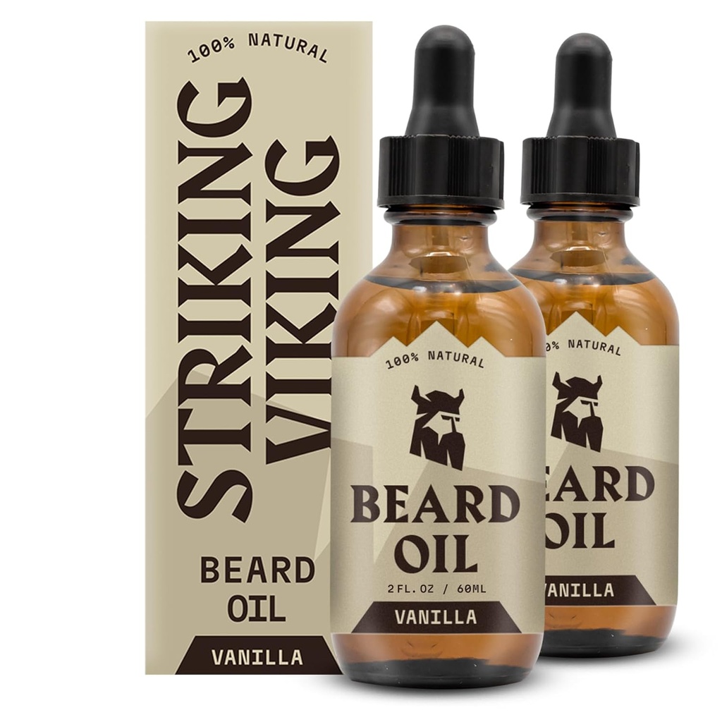Striking Viking Beard Oil for Men - 2 Fl Oz, πακέτο των 2, Vanilla Scent - Φυσικά παράγωγα Conditioner με αμύγδαλο, Tea Tree, Argan & Jojoba Oil για την ανάπτυξη των γεννήσεων, μαλακτική & υγρασία