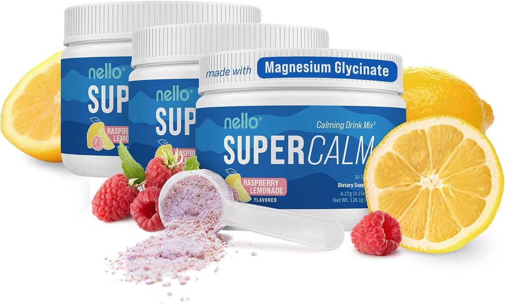 Nello Supercalm Drink Mix - Ashwagandha KSM 66, Μαγνήσιο Γλυκινικό, L-Θεανίνη, Βιταμίνη D3 - Ashwagandha Root Extract, Μαγνήσιο & L-Θεανίνη συμπλήρωμα - (30 Σερβίρει) - 3 Συσκευασία