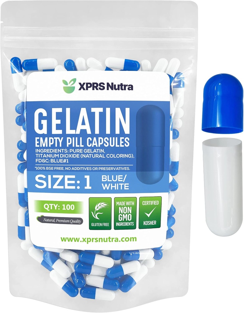 XPRS Nutra Μέγεθος 1 Κενές κάψουλες - 100 Count Empty Gelatin Κάψουλες - Χάπια DIY Καψάκιο Γέμισμα - Pure Bovine Pill Gel Caps for Do-It-Yourself Συμπληρώματα (Blue/White)