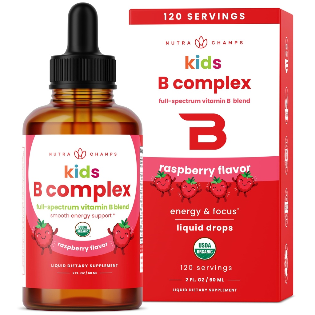 NutraChamps Vitamin B Complex για παιδιά, B1, B2, B3, B6, B7, B9 & Methyl B12, Kids B Complex Liquid Drops Supplement, Ενέργεια, Εστίαση, Μεταβολισμός, Φυσικό μούρο, 120 μερίδες, 4 μήνες προσφοράς
