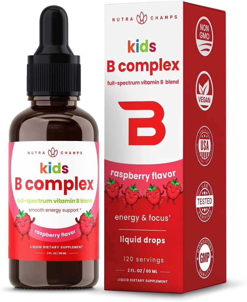 NutraChamps Vitamin B Complex για παιδιά, B1, B2, B3, B6, B7, B9 & Methyl B12, Kids B Complex Liquid Drops Supplement, Ενέργεια, Εστίαση, Μεταβολισμός, Φυσικό μούρο, 120 μερίδες, 4 μήνες προσφοράς