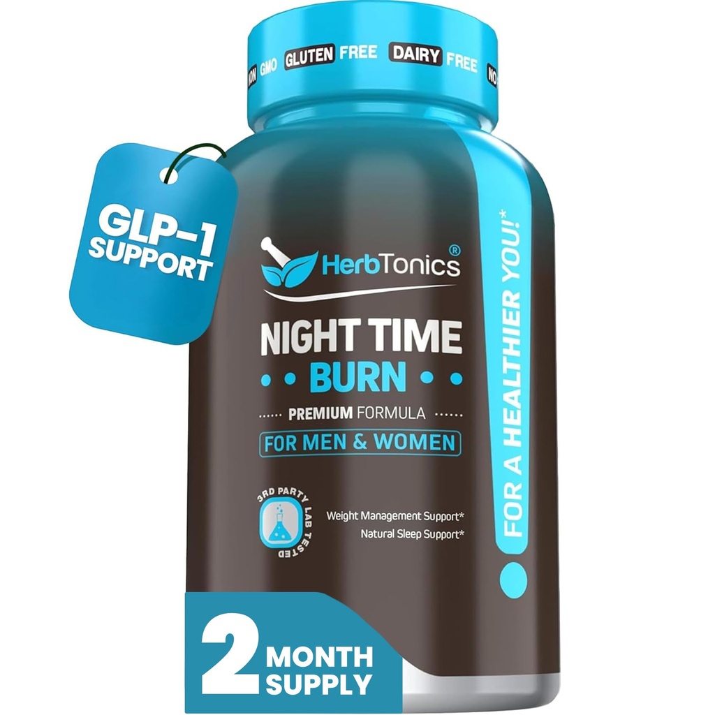 Herbtonics Night Time Burn & Sleep Complex Supports Overnight Metabolism, Stress Relief & Deep Sleep. Includes Melatonin, Valerian and Green Tea – Vegan Bedtime Weight Management (60 Capsules)