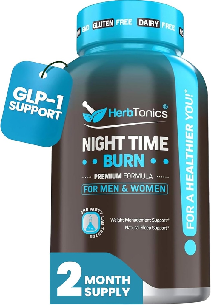 Herbtonics Night Time Burn & Sleep Complex Supports Overnight Metabolism, Stress Relief & Deep Sleep. Includes Melatonin, Valerian and Green Tea – Vegan Bedtime Weight Management (60 Capsules)
