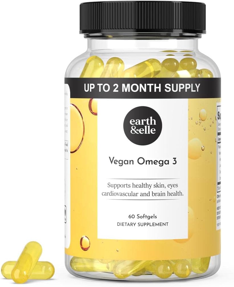 Earth & Elle Algae Omega 3 συμπλήρωμα - Vegan Omega 3 - Ωμέγα 3 Vegan συμπλήρωμα w/Algae Oil & Vegan DHA - Βοηθά στην υποστήριξη της καρδιάς & του εγκεφάλου υγεία 1000 mg ανά υπηρεσία - Δεν Fishy Επίγευση 60 Softgels
