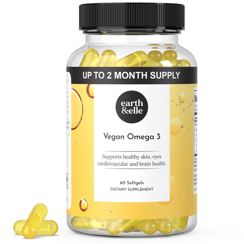 Earth & Elle Algae Omega 3 συμπλήρωμα - Vegan Omega 3 - Ωμέγα 3 Vegan συμπλήρωμα w/Algae Oil & Vegan DHA - Βοηθά στην υποστήριξη της καρδιάς & του εγκεφάλου υγεία 1000 mg ανά υπηρεσία - Δεν Fishy Επίγευση 60 Softgels