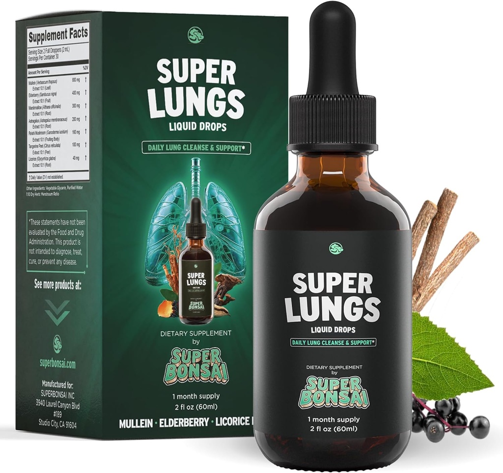 SuperBonsai Super Lungs Mullein σταγόνες – Herbal Lung Υποστήριξη Βάμμα με Mullein Leaf Extract Elderberry Reishi Marshmallow Root – Υποστηρίζει σαφή αναπνοή & ευεξία – 2 oz