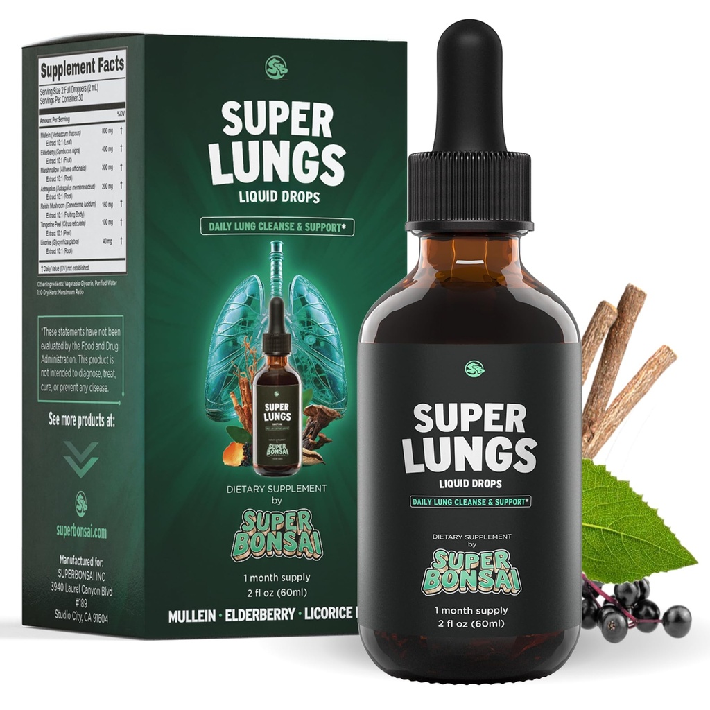 SuperBonsai Super Lungs Mullein σταγόνες – Herbal Lung Υποστήριξη Βάμμα με Mullein Leaf Extract Elderberry Reishi Marshmallow Root – Υποστηρίζει σαφή αναπνοή & ευεξία – 2 oz