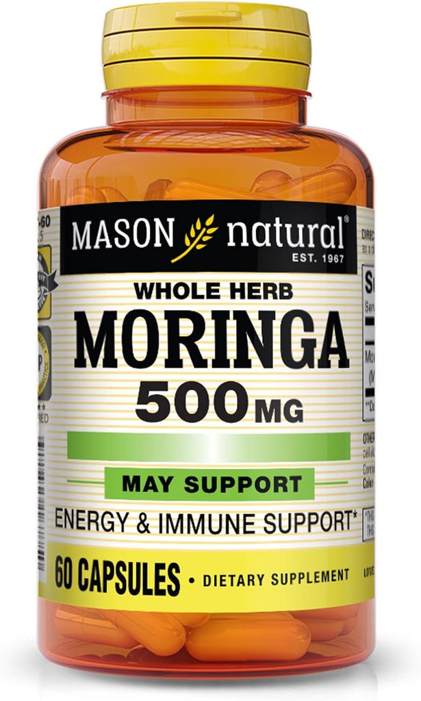 MASON NATURAL Moringa 500 mg - Υποστηρίζει τον Ενεργειακό Μεταβολισμό και τη Φλεγμονώδη Ανταπόκριση, Αντιοξειδωτική Ανοσολογική Υποστήριξη Βότανο συμπλήρωμα, 60 Κάψουλες