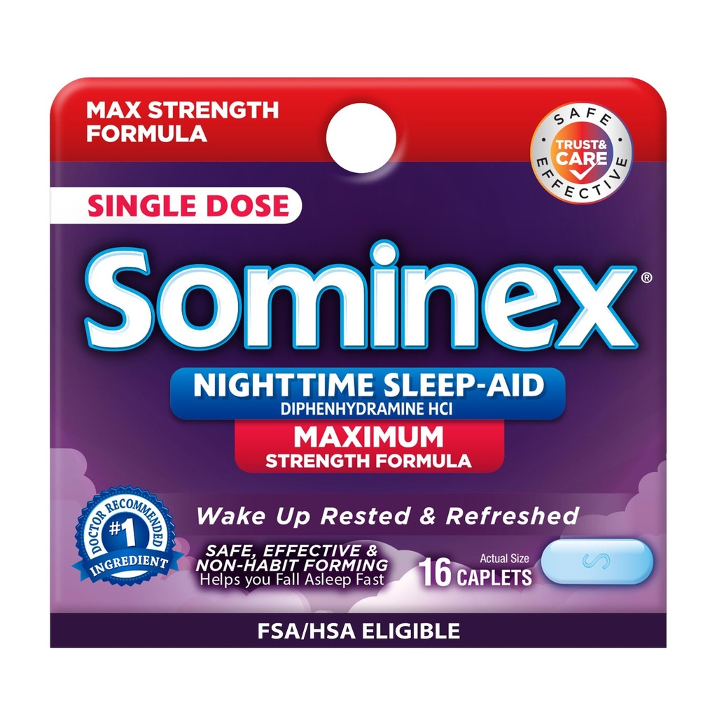 Δισκία Sominex Nighttime Sleep- Aid, Μέγιστη Φόρμουλα Δύναμης, Μία Δόση, Ποικιλία, 16 Αριθμός