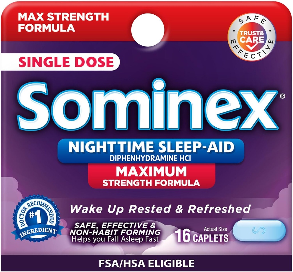Δισκία Sominex Nighttime Sleep- Aid, Μέγιστη Φόρμουλα Δύναμης, Μία Δόση, Ποικιλία, 16 Αριθμός