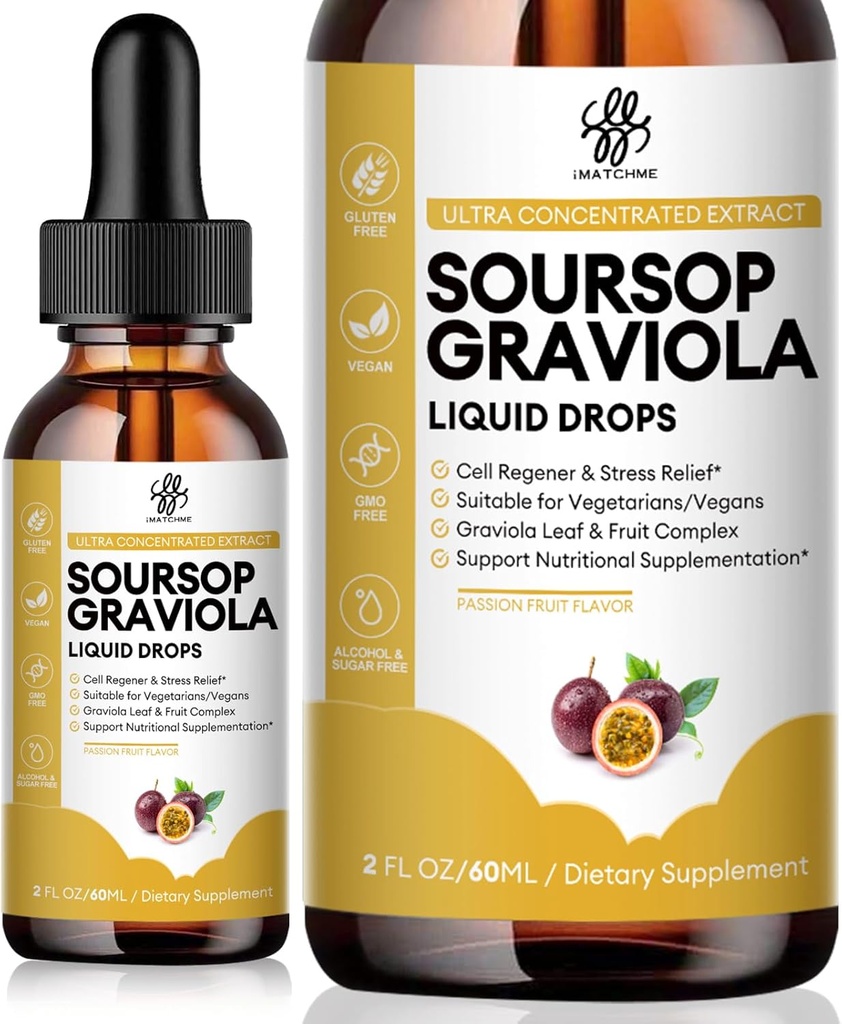 iMATCHME Premium Soursop Graviola για Digestion, Υποστήριξη Υγιεινού Δέρματος & Ύπνου, εκχύλισμα Soursop Υγρή Σταγόνα από Graviola Leaf και Φρούτα, Ζάχαρη / καφεΐνη / Gluten Δωρεάν, Πάθος Φρούτα Γεύση, 2 Fl Oz