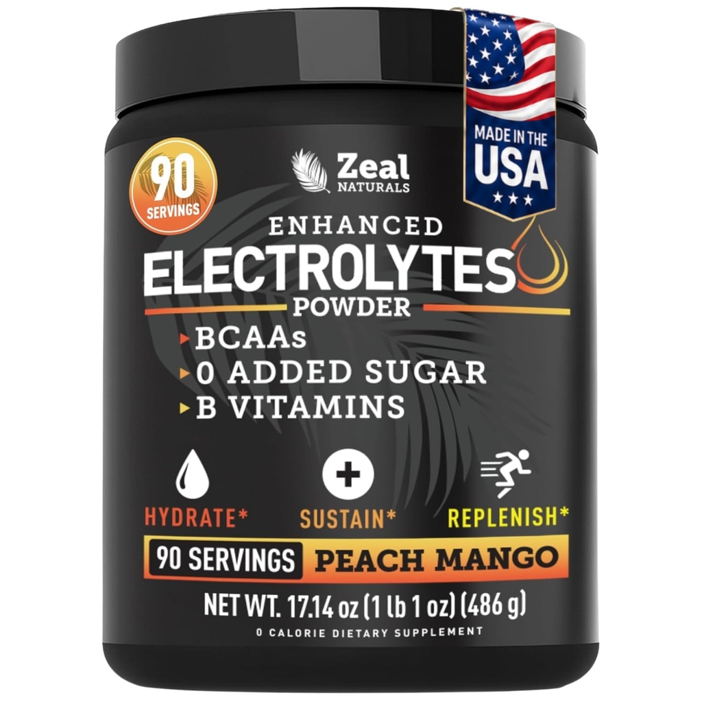 Zeal Electrolyte Powder - 90 Servings | Keto Electrolytes Powder | Zero Sugar, BCAAs, B-Vitamins | Potassium, Zinc, Magnesium | Hydration Powder Recovery Drink | Peach Mango