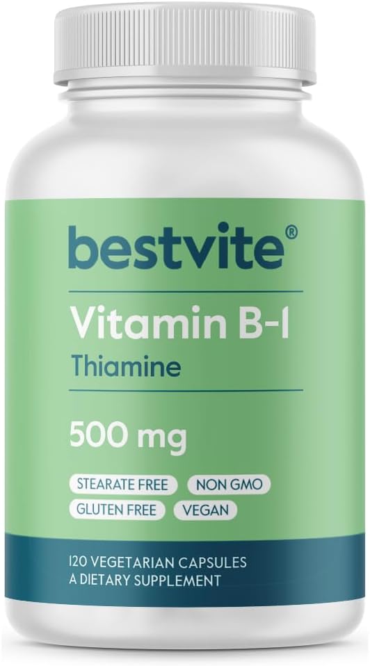 BESTVITE Βιταμίνη B-1 (Thiamin) 500mg (120 κάψουλες χορτοφάγων) - Χωρίς στεατικά - Vegan - Όχι Ανθρακικό ασβέστιο - Μη ΓΤΟ - Χωρίς γλουτένη - Όχι Διοξείδιο του πυριτίου