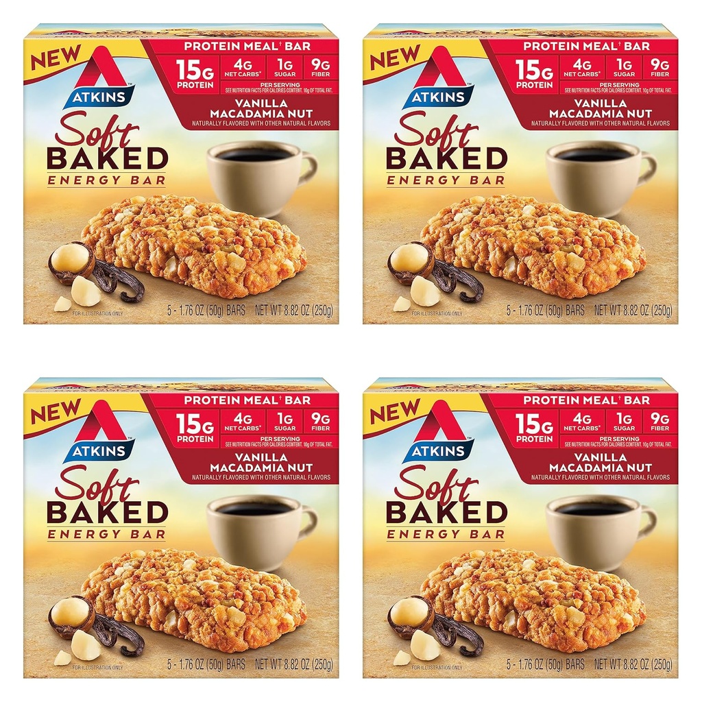 Atkins Vanilla Macadamia Nut Γεύση μαλακή ψημένη ενέργεια Bars, Υψηλή σε πρωτεΐνες, χαμηλή ζάχαρη, υψηλή σνακ ινών, πρωτεΐνη σνακ, 4 συσκευασίες (4 bars το καθένα)