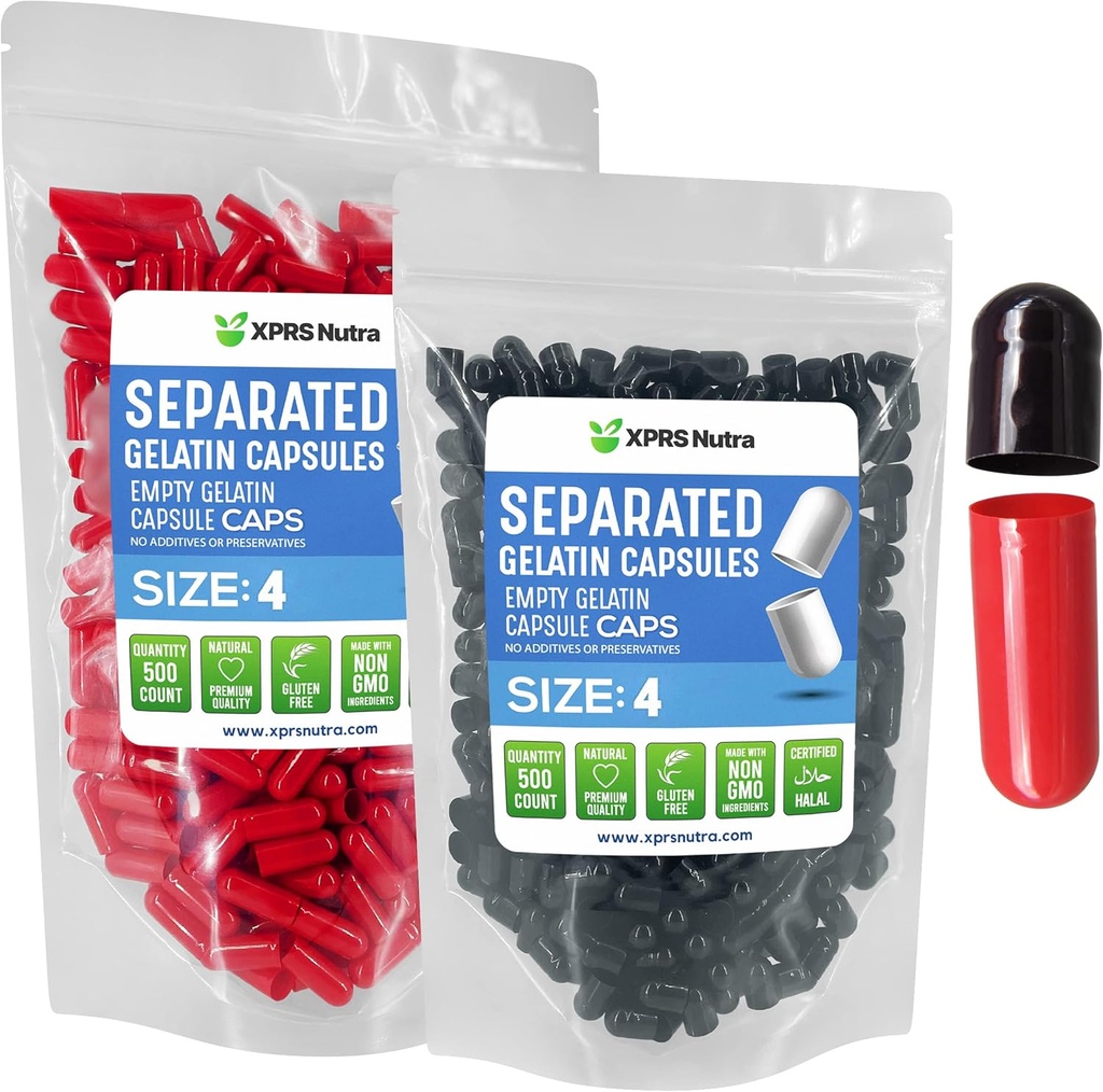 XPRS Nutra Gelatin Size 4 Separated Capsules - 500 Count Small Empty Capsules Separated in Bags - DIY Fillable Pill Caps - Size 4 Gel Do-It-Yourself Vitamin and Supplement Filling (Black/Red)