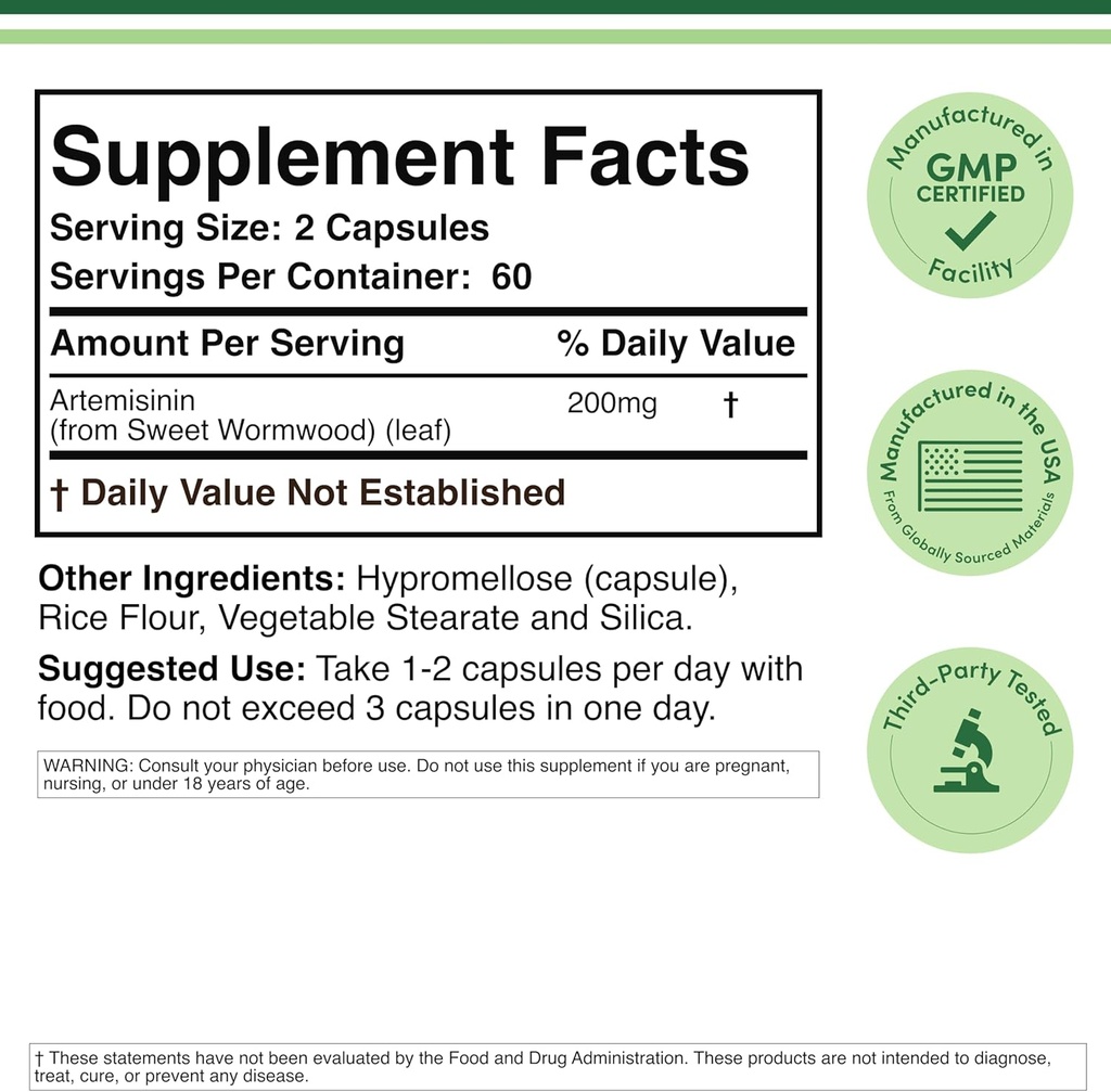 Artemisininin (Sweet Wormwood Cleanse) (Artemisia Annua) 200mg ανά υπηρεσία, 120 κάψουλες (Δυο Μήνες Προσφορά) Vegan Ασφαλής, μη ΓΤΟ, Χωρίς γλουτένη (Immune Support) by Double Wood