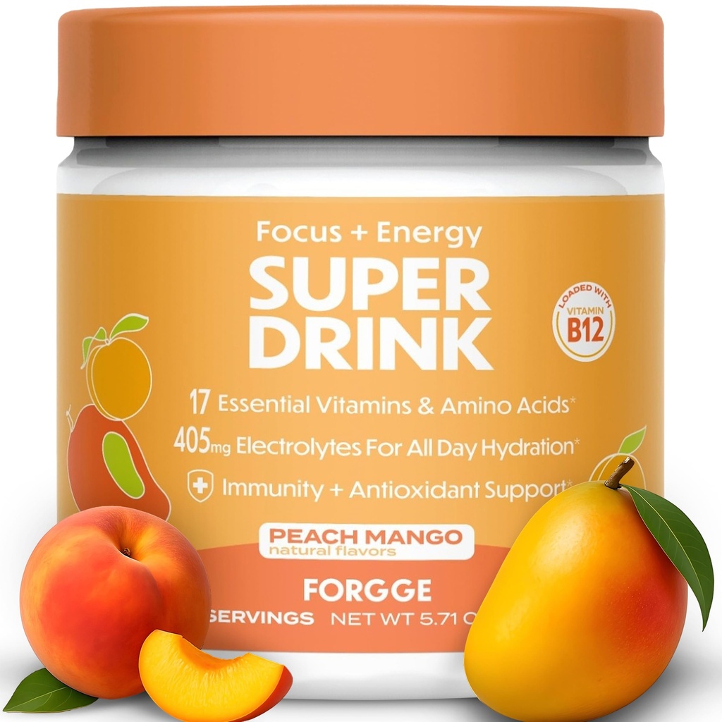 Forgge Energy Booster Super Drink - Clean Caffeine + B12, B6, C & D Vitamins - Sugar Free Energy Drink Powder with Electrolytes, Amino Acids, Antioxidants, Lions Mane - Vegan, Keto-Friendly - 30 SVG, Peach Mango