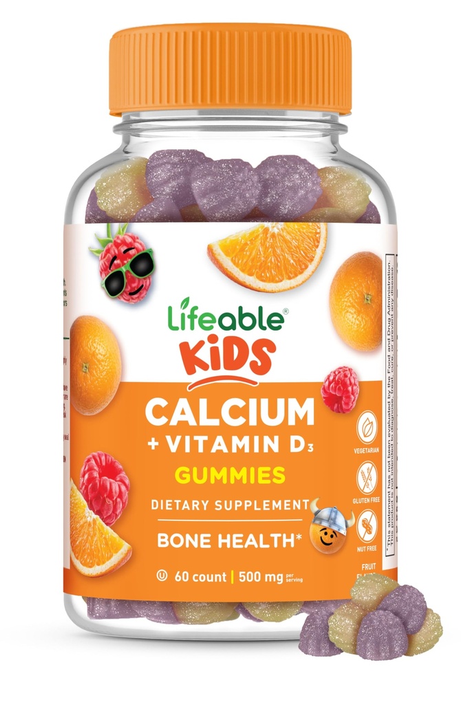 Lifeable Kids Calcium Gummies with Vitamin D3 | 500 mg Calcium with Vitamin D3 1000 IU | Great Tasting Calcium Supplement for Kids | for Bone Health and Teeth Growth | 60 Gummies
