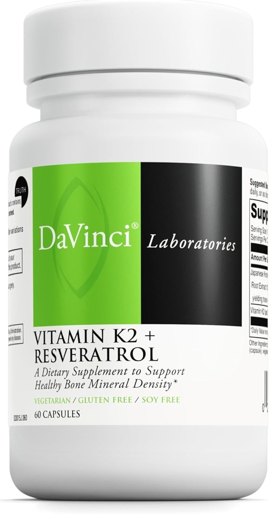 Davinci Labs Vitamin K2 & Resveratrol - Bone Health & Cardiovascular Supplement with Antioxidant Support* - Vegetarian, Gluten-Free & Soy-Free - 60 Capsules