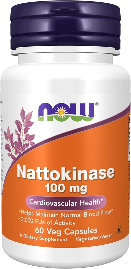 NOW Supplements, Nattokinase 100 mg (from Non-GMO Soy) with 2,000 FUs of Activity, 60 Veg Capsules