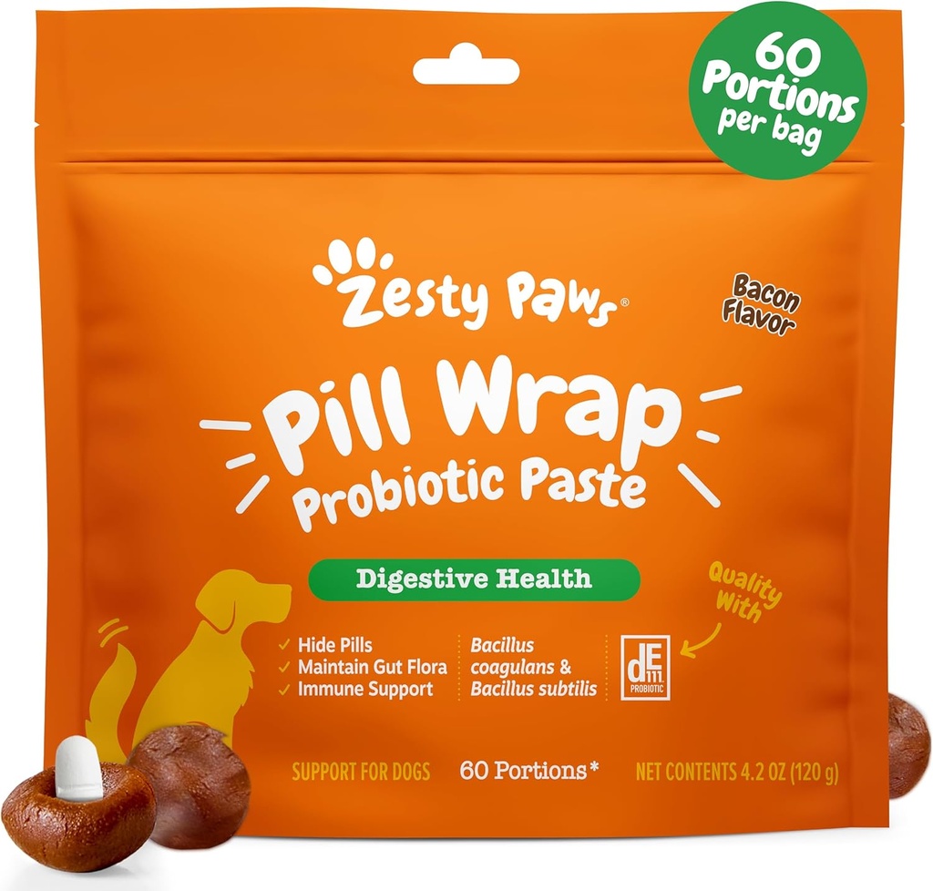 Zesty Paws Pill Wrap Probiotic Paste for Dogs - Ανοσοποιητικό & Digestive System Support - Bacon Flavor - με DE111 Bacillus subtilis - Pockets Οποιοδήποτε χάπι, δισκίο & κάψουλα για το σκύλο σας - 4.2oz - 60 Μερίδες