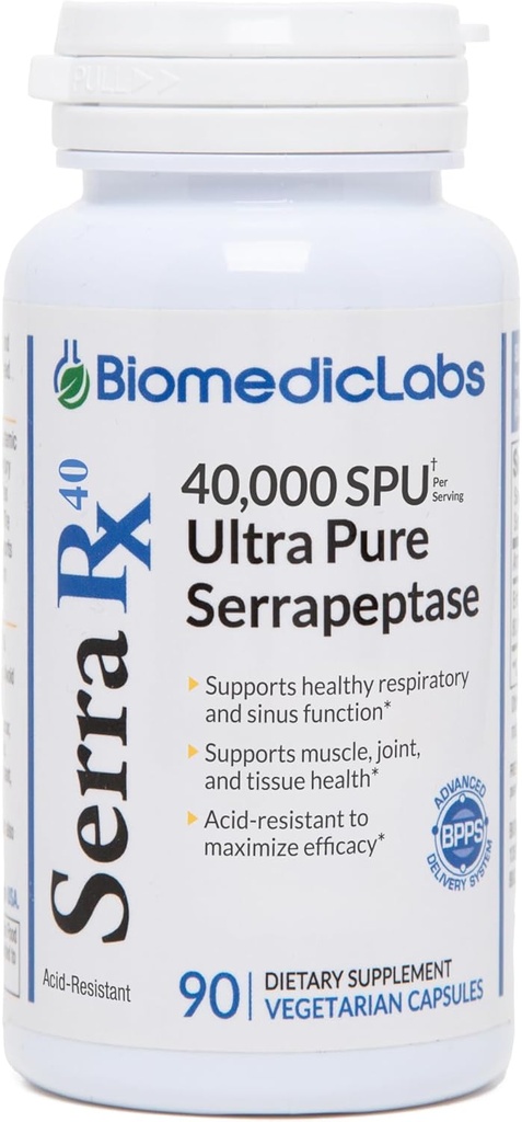 Serra- RX 40. 000 SPU Serrapeptase - Οξύ-ανθεκτικό Πρωτολυτικό Συστηματικό Ένζυμο, Μη ΓΤΟ, Χωρίς Γλουτένη, Vegan, 90 Veg Κάψουλες