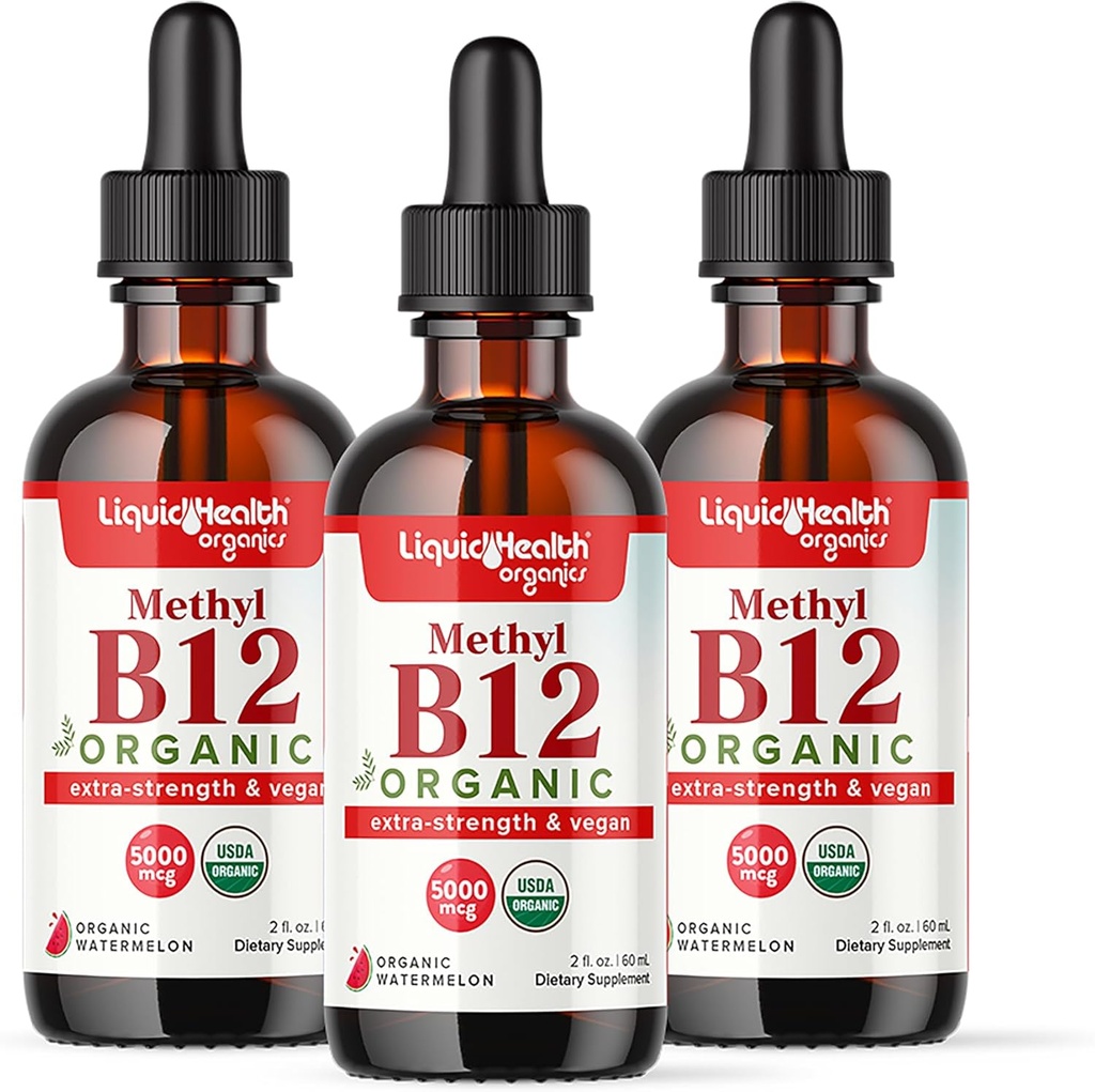 LIQUIDHEALTH USDA Organic Methyl Vitamin B12 Methylcobalamin Liquid Drops with Tart Cherry Juice - Boost Energy, Immune Support, Bελτίωση μνήμης & συγκέντρωσης - USA Made, Vegan, Non-GMO (3 Pack)