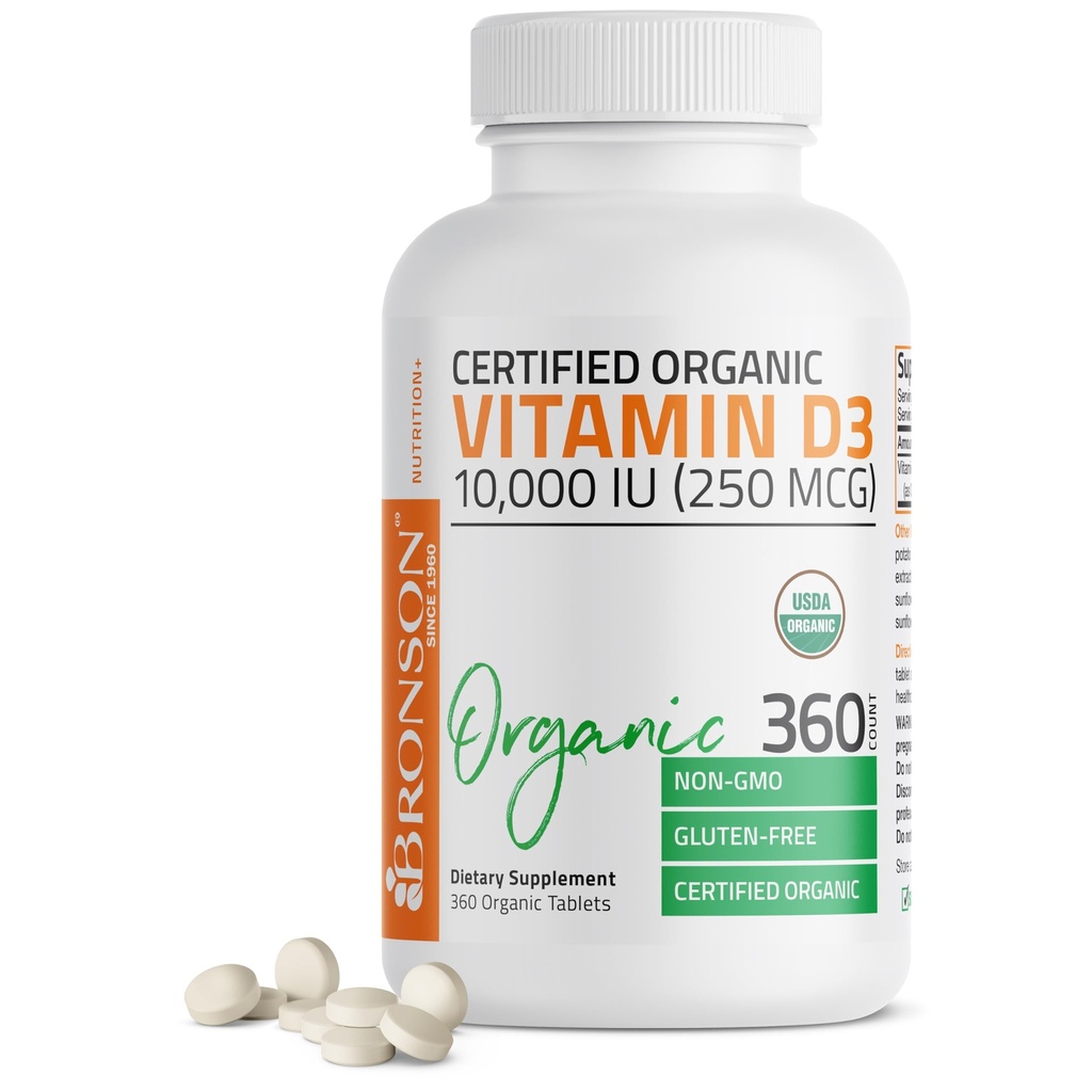 Bronson Βιταμίνη D3 10. 000 IU (250 mcg) Certified Organic High Potency Μη ΓΤΟ Συμπλήρωμα βιταμίνης D, 360 δισκία