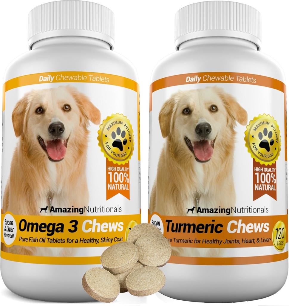 Amazing Combo Omega-3 Fish Oil and Turmeric Curcumin for Dogs - Καθαρή όλα τα φυσικά κατοικίδιο ζώο Αντιοξειδωτικό - Προάγει γυαλιστερό παλτό, Εγκεφαλική υγεία, Εξαλείφει τον κοινό πόνο, 120 νόστιμα μάσημα x 2