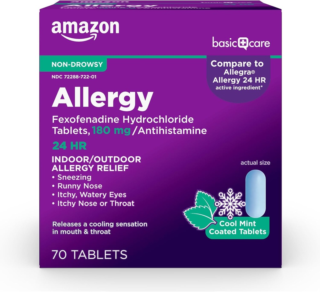   Basic Care Allergy Relief, 24 Hour, Fexofenadine Hydrochloride 180 mg, Non-Drowsy Antihistamine, Cool Mint Coated Tablets, 70 Count