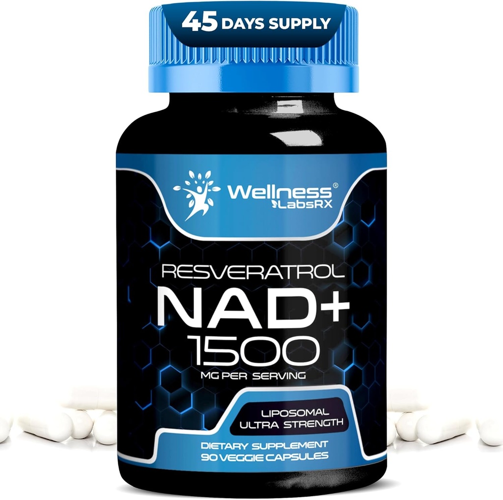 WELNESS LABSRX NAD συμπλήρωμα, 1500mg - USA Made Liposomal NAD+ Συμπλήρωμα με ρεσβερατρόλη, NAD Plus Boosting - Υποστήριξη Κυτταρική Υγεία, Σταματίνα & Υγιής γήρανση - Κάψουλες Ultra Strength