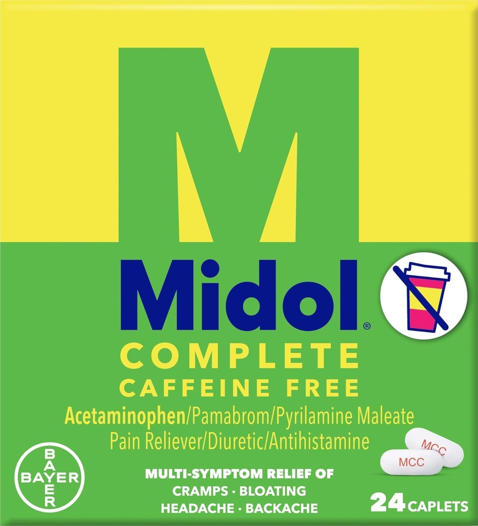 Midol Complete Caffeine Free Caplets 24ct: Midol Complete Caffeine Free Menstrual Pain Relief Caplets with Acetaminophen, Παρέχει ανακούφιση από τον πονοκέφαλο και την περίοδο Cramps Relief, 24 Count