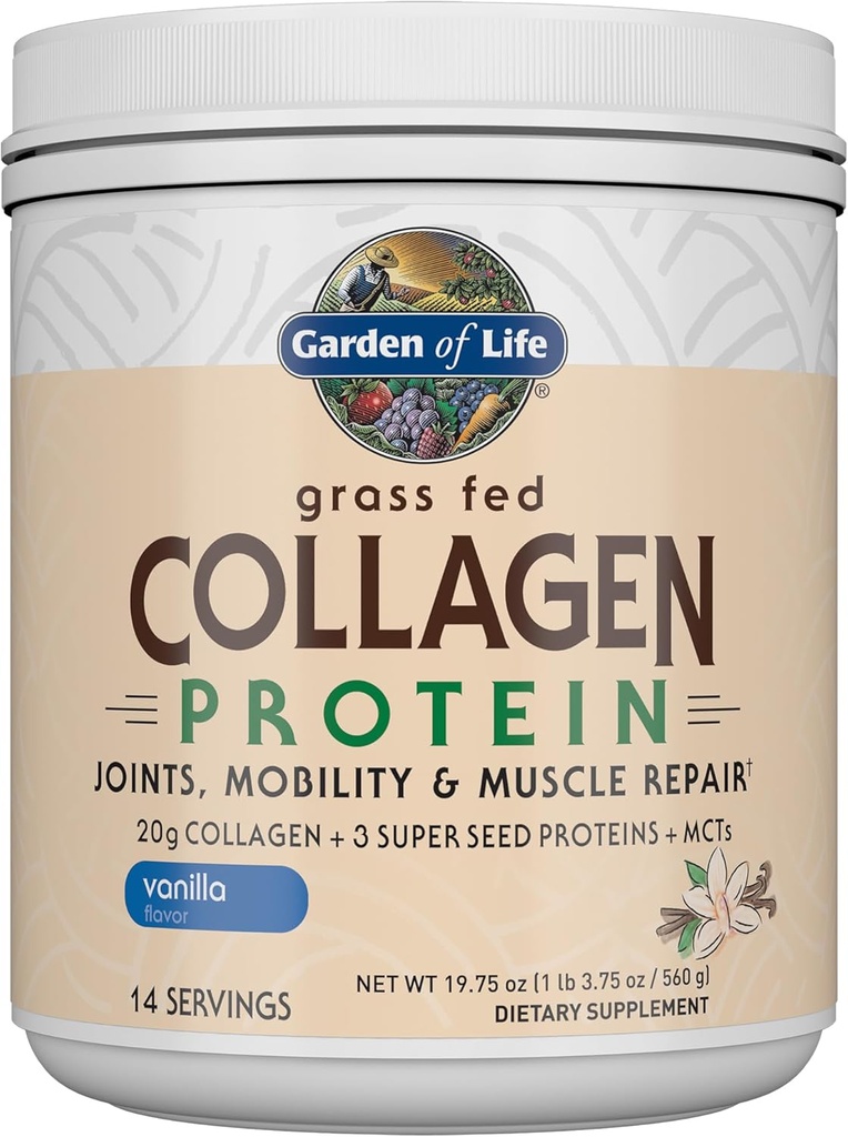 Garden of Life Grass Fed Collagen Protein Powder - Βανίλια, 14 σέρβις, σκόνη για αρθρώσεις Κινητικότητα επιδιόρθωση μυών, Collagen Peptides + Σούπερ Σπόροι + καρύδα MCTs, Keto συμπλήρωμα