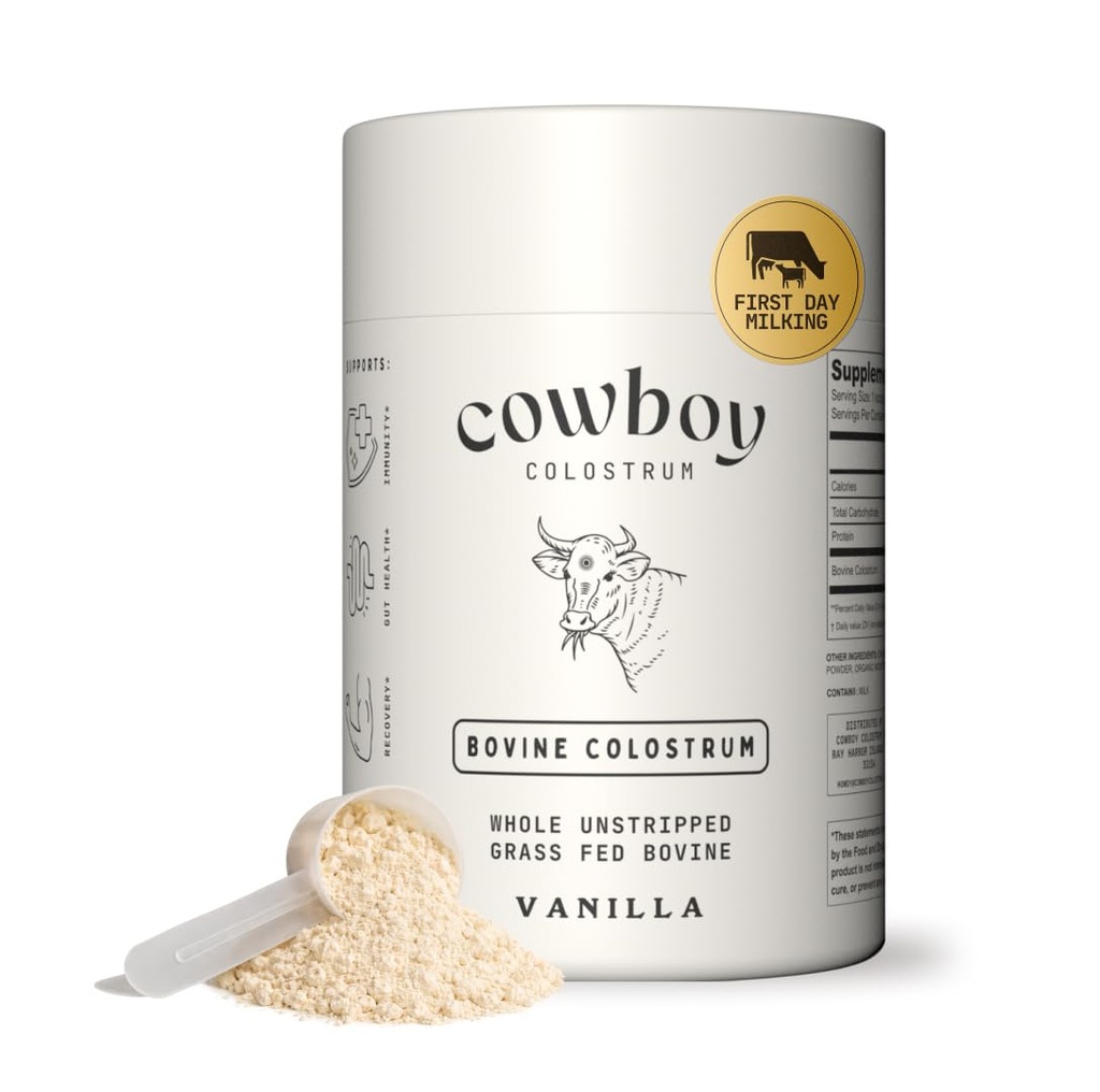 Cowboy Colostrum Powder - Bovine Colostrum Powder for Women & Men - Πρώτη μέρα Άρμεγμα Ολόκληρο Colostrum - Grass Fed Colostrum Supplement for Gut Health, Immunity, Skin & Hair (Vanilla 40 Servings)
