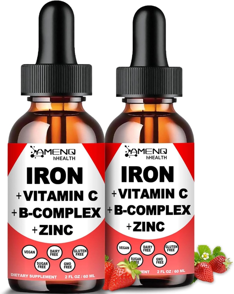 2 Pack Liquid Iron Supplement w/ Vitamin C, A, B-Complex, Vegan Iron Drops High Potency Liquid Vitamin & Iron Συμπληρώματα για γυναίκες, άνδρες και παιδιά -Υποστήριξη Red Blood Cell, Ενέργεια, Αναιμία & Κόπωση