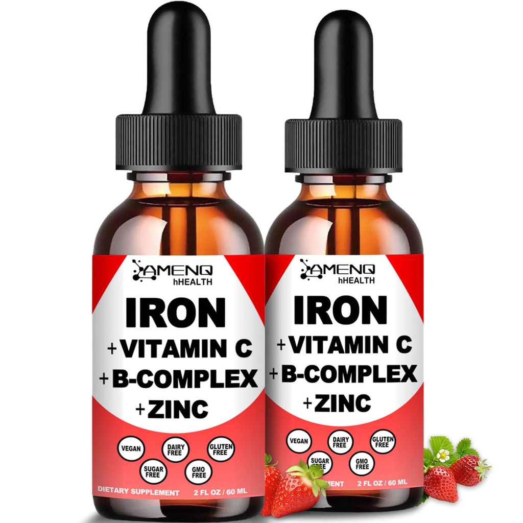 2 Pack Liquid Iron Supplement w/ Vitamin C, A, B-Complex, Vegan Iron Drops High Potency Liquid Vitamin & Iron Συμπληρώματα για γυναίκες, άνδρες και παιδιά -Υποστήριξη Red Blood Cell, Ενέργεια, Αναιμία & Κόπωση