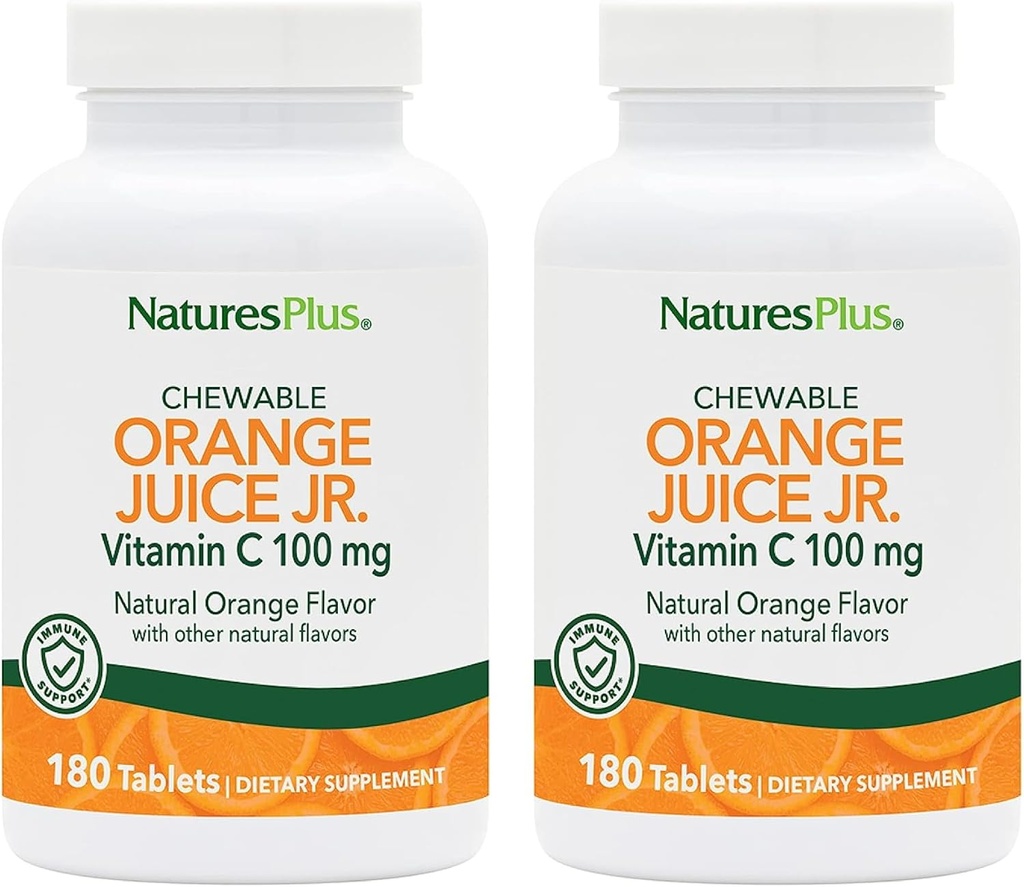 NaturesPlus Orange Juice Jr. - Συσκευασία των 2, 180 Μασώμενα Δισκία - 100 mg Βιταμίνη C - Χορτοφαγική, Χωρίς Γλουτένη - 360 Σύνολο Σερβιρίσματος