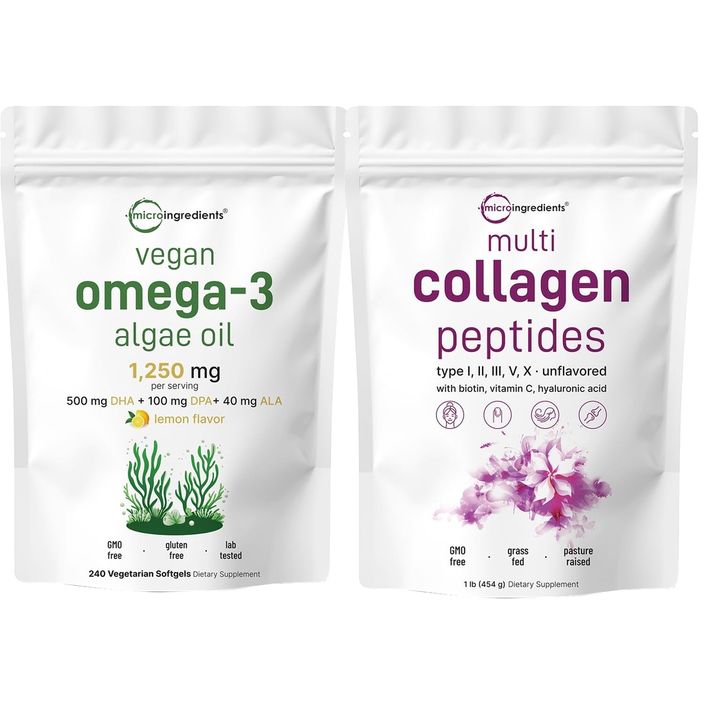 Micro συστατικά Multi Collagen Protein Powder 16oz & Vegan Omega 3 Algae Oil Supplement Bundle 2 πακέτο 