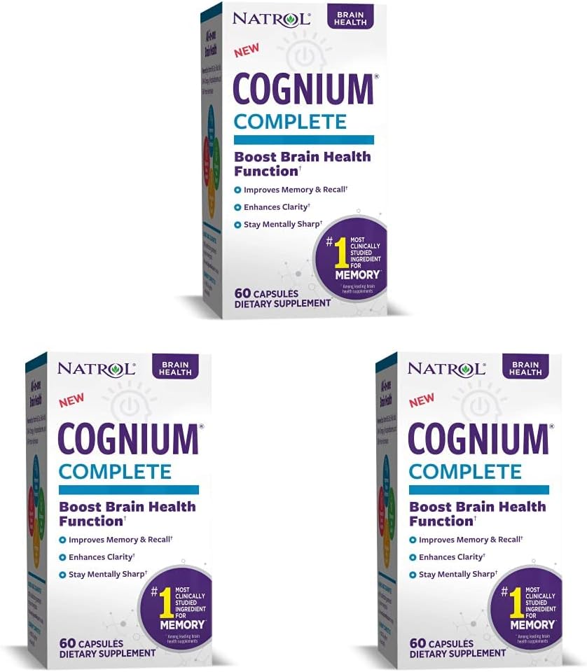 Natrol Cognium Complete, Brain Health Dietary Supplement, Improves Memory & Clarity, Drug Free, 100mg, 60 Capsules (Pack of 3)