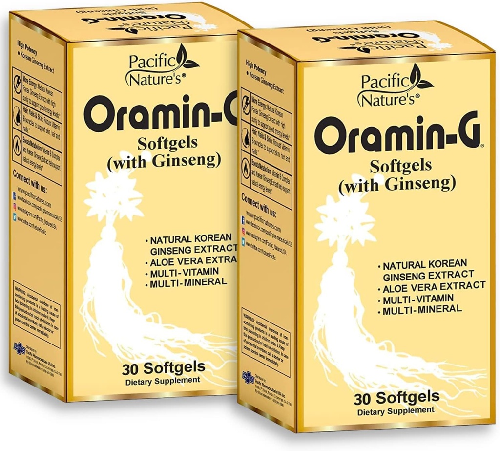 Oramin G της Pacific Nature (30 Softgels) με κορεάτικα Ginseng, Aloe Vera, Vitamin B Complex, και ψευδάργυρο για την ενέργεια, την ανοσία, & διατροφική υποστήριξη - Συσκευασία των 2