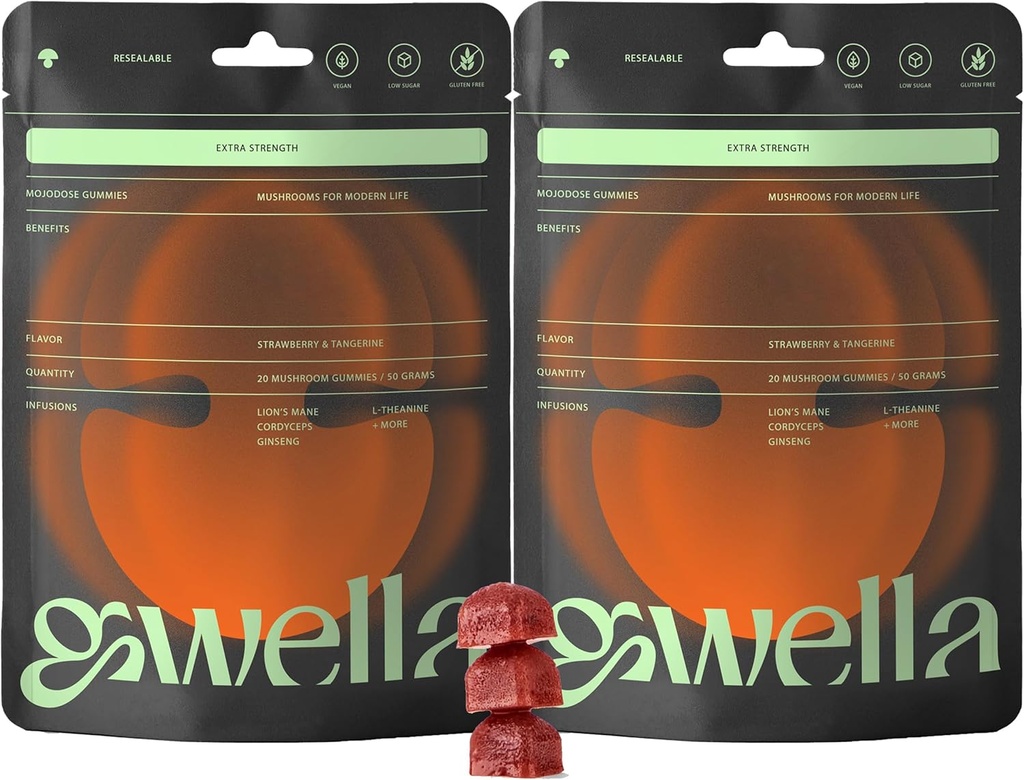 Gwella Focus Gummies with Lion’s Mane, Panax Ginseng, Ginger Root, Cordyceps, SAM-e, και Nootropics, Energy and Focus Supplement, Vegan, Φράουλα Tangerine (20 Count - Pack of 2)