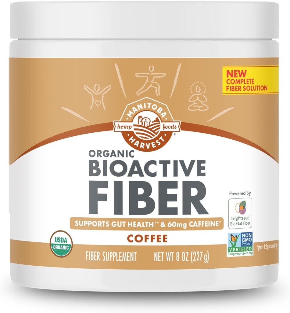 Manitoba Harvest Organic BioActive Fiber Supplement with 6g Fiber per Serving, Digestive Hemp & Psyllium Husk Powder, Non-GMO, Vegan and Kosher, 8oz, Coffee