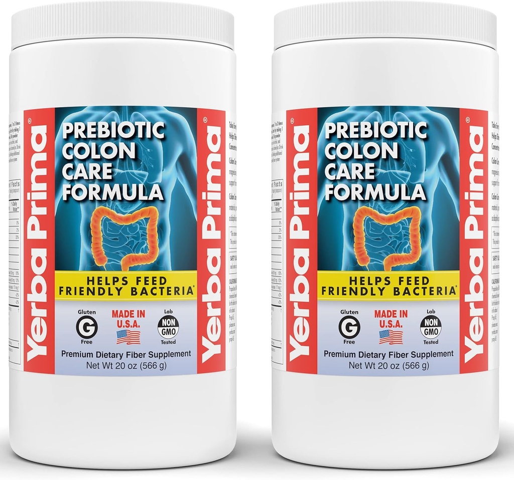 Yerba Prima Prebiotic Colon Care Formula, 20 oz Powder (Pack of 2) with FOS - Φυσικό Psyllium Fiber, Μαγνήσιο, Σελήνιο - Μη-GMO, Χωρίς γλουτένη, Vegan Daily Supplement - για άνδρες και γυναίκες