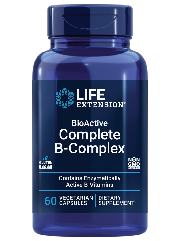 Επέκταση ζωής BioActive Πλήρης B-Complex, υποστήριξη καρδιάς, εγκεφάλου και νεύρων, υγιής ενέργεια, Μεταβολισμός, Complex B Complex, 60 κάψουλες χορτοφάγων