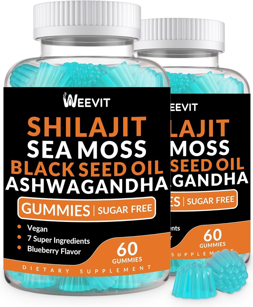 Shilajit Sea Moss Ashwagandha Gummies with Turmeric, Black Seed Oil, Vitamin C D for Men & Women, Shilajit and Ashwagandha Gummy, All in 1 Supplements for Immune, Absorption & Energy Support