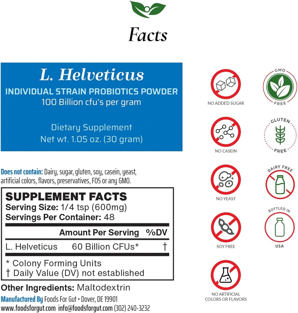 Foods For Gut Lactobacillus Helveticus Probiotic Powder 100 Billion cfu's | No Additives | Direct from Manufacturer | No Third-Party Storage | Immune Support | L. Helveticus | 30 Grams (1.05 Oz)