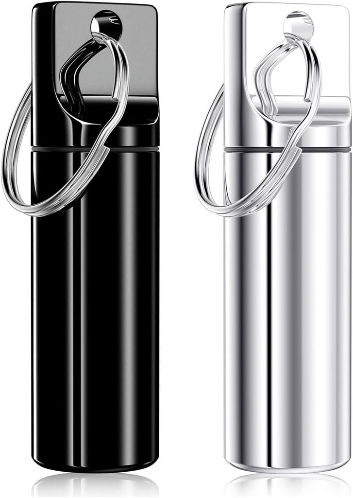 Nipichsha Pill Holder Keychain, Portable Pill Box for Purse, Small Pocket Travel Tablet Organizer Case with Keychain, Waterproof Metal Tablet Medicine Bottle for Travel, Black & Silver